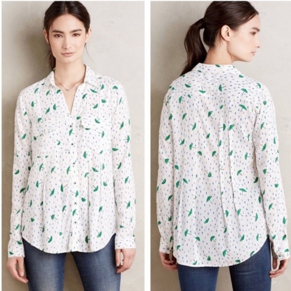 Maeve Tops - Anthropologie Maeve Wynwood Button Up Blouse Pockets Umbrella Raindrops Sz 4